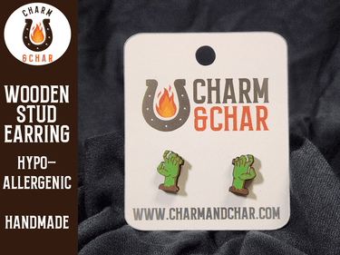Zombie Hand Wood Stud Earrings - Halloween Fashion Earring - Stud Earring - Charm and Char